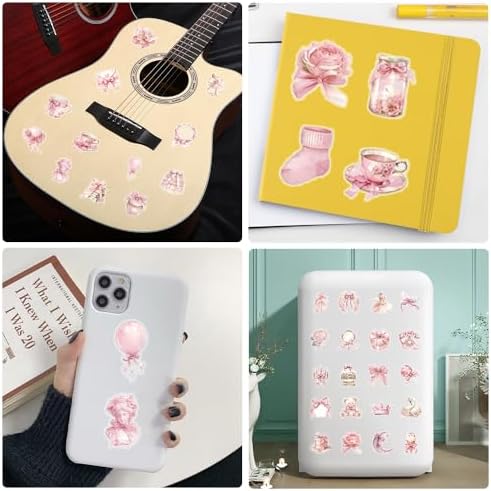 50pcs Pink Flowers Stickers Scrapbook, Self-Adhesive Waterproof Vinyl Sticker for Laptops, Aesthetic Decor Journal Stickers Planner Accessories for Luggage, Water Bottles