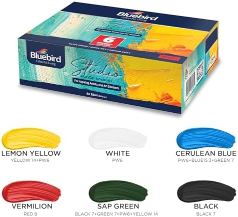 BLUEBIRD Studio Acrylic Paints, Primary Colors, 6-Pack 0.85 Fl Oz each, Basic Acrylic Paint For Students & Beginner Artists