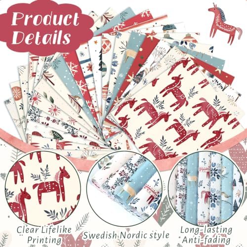 HunnmingRe 20 Pcs 10''x10'' Nordic Christmas Quilting Fabric Square Hygge Christmas Precuts Quilted Fabric Bundle Reindeer Dala Horse Snowflake Printed Sewing Material for Winter Patchwork DIY Craft