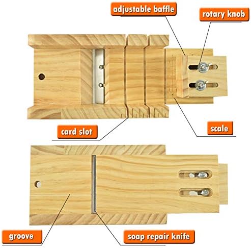Artcome Loaf Soap Making Cutting Mold Kit Multi-Function Adjustable Wood Soap Mold Set - Rectangular Silicone Mold Set with Stainless Steel Wavy & Straight Cutter
