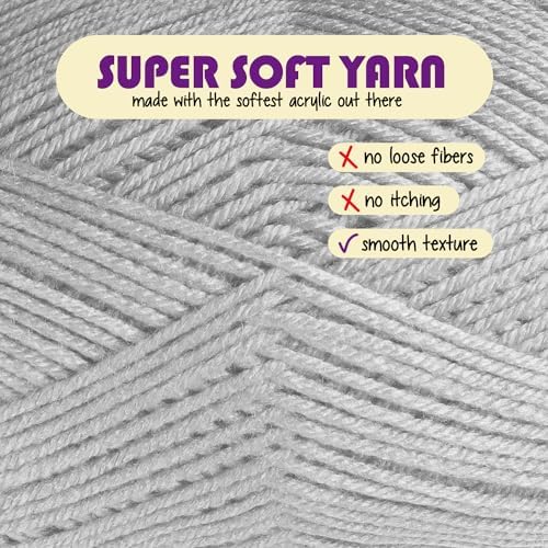Acrylic Yarn for Crocheting & Knitting – Soft Crochet Yarn for Crocheting, 3 Pack of 370 Yards, Perfect for Crafts & Amigurumi, Medium Worsted Weight 4, Light Grey
