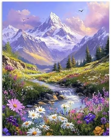 Alptiny Mountain Landscape Paint by Numbers Kit for Adults Beginner, Mountain Wildflowers Paint by Number Kits, DIY Nature Oil Painting Kit for Relaxation & Home Decor, 16x20 Inch