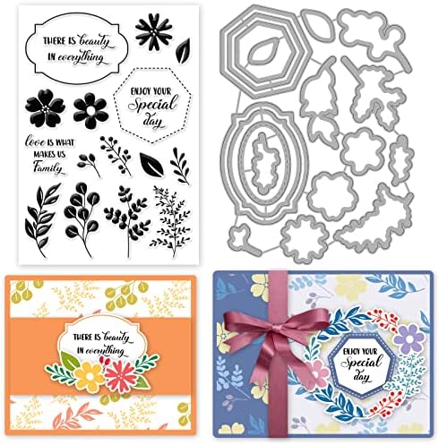 INFUNLY Label Die Cut Leaf Clear Stamps and Dies Sets for Card Making Word Silicone Stamps Cut Stencils for DIY Scrapbooking Photo Album Decorative Paper Crafting Embossing Template