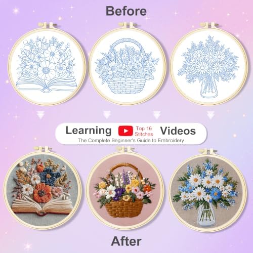 Huacan Embroidery Kit for Adults Beginners with 3 Hoops & Gift Box