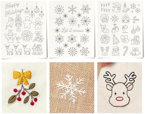 Stick and Stitch Embroidery Patterns, Holiday/Snowflake Designs, Water Soluble Embroidery Stabilizer Transfer Paper, Adult Beginner Hand Embroidery Kit for Gifts (Holiday 3 Pages)