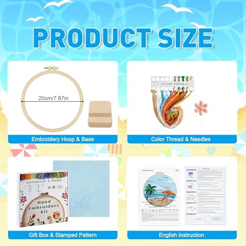 ElasignShopo Ocean Embroidery Kit for Beginners Adults, Easy Cross Stitch Kit Spring Summer Beach Ocean Pattern Embroidery Starter Kits with Wooden Hoop Needles Threads Display Stand and Instruction