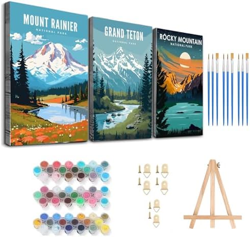 HOIYLDS 3 Pack Paint by Number for Adults Framed Canvas, National Park DIY Arts and Crafts for Adults Beginner with Wooden Easel, Paint Brushes, Acrylic Paint Set for Home Wall Decor, 9 * 12 Inch