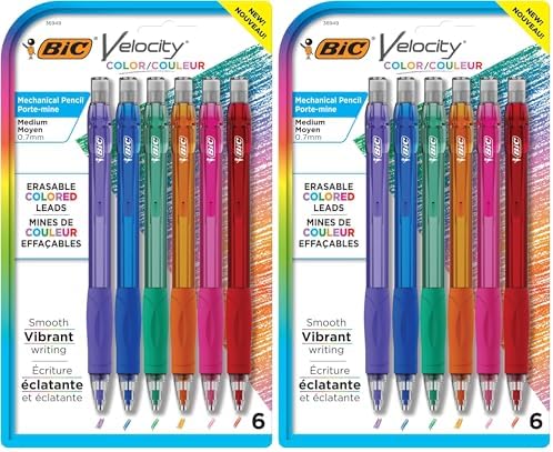 BIC Velocity Mechanical Pencils with Colored Leads, Medium Point (0.7 mm), Perfect for Drawing and Journaling (MV7CP61-AST), 6 Count (Pack of 2)