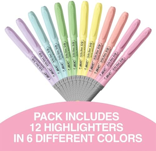 BIC Brite Liner Grip Pastel Highlighter Set, Chisel Tip, 12-Count