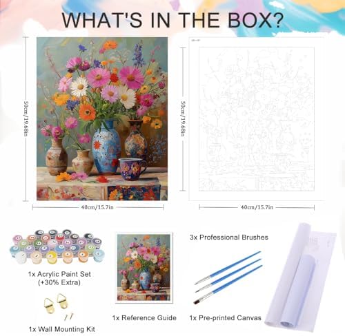 Natuyalo Paint by Numbers Kit for Adults Beginner, Vase on Table Adult Paint by Number Kits on Canvas Without Frame, Flowers Acrylic Paint by Numbers for Home Decor Gift 16x20 inch