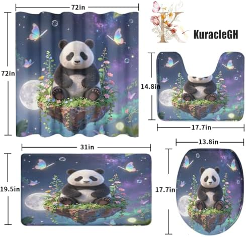 Kawaii Cartoon Animal Panda 4Pcs Shower Curtain Sets,Fairy Tale Forest Night Full Moon Bathroom Decor Set,Cute Panda Bears Butterflies Toilet Lid Rug, Bath Mat and Contour Mat
