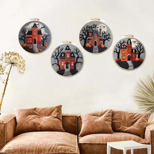 LB 4-Pack Halloween Castle Embroidery Kit for Beginners: Fall Pumpkin and Black Tree Bat Cross Stitch Kit | Adults DIY Starter Kit Includes Embroidery Hoop, Colorful Threads, Tools and Instructions