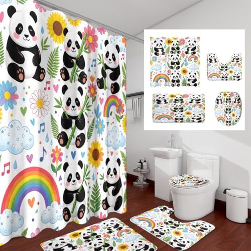 Cartoon Animal Baby Panda Shower Curtain Sets 4 Piece,Kawii Spring Forest Rainbow Bathroom Decor Sets with Rugs,Aesthetics Flowers Bamboo Leaves Waterproof Toilet Lid Cover Bath Mat