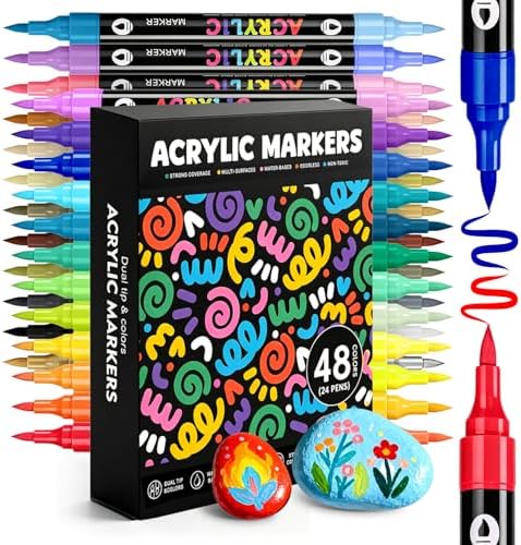 WINSONS 48 Colors Acrylic Paint Marker, Dual Tip and Dual Colors Acrylic Paint Pens for Stone, Wood, Canvas, Ceramic, Metal, Glass, Rock Painting, DIY Crafs Art Supplies (48 Colors)