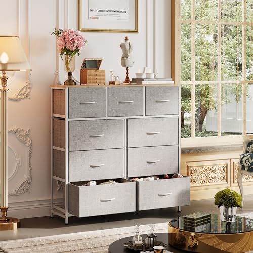 WLIVE Tall Dresser for Bedroom, 9 Drawer Chest of Drawers, Light Grey | 9 roomy fabric drawers, Tall storage design, Bedroom or closet use, Sturdy steel frame, Smooth wood tabletop