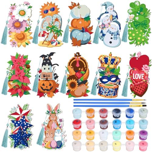 Kosiz 12 Pcs Festival Paint by Number Kit for Adult Wood Bookmark | Mini Paint by Numbers Kit, Painting Decor, Tiny Tassels Blank Bookmarks, for Small DIY Craft Book Lovers Gift 7x2 ''