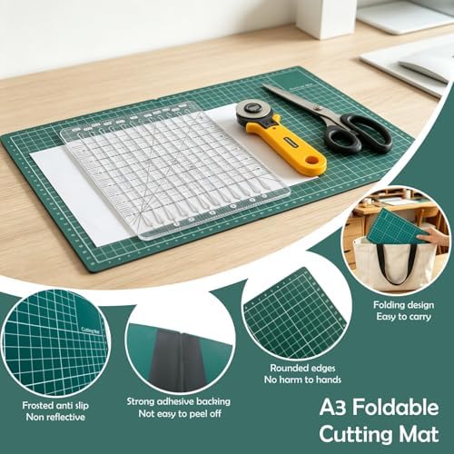 Rotary Cutter Set with A3 Self-Healing Cutting Mat, 2 Blades, Slotted Quilting Ruler – Complete Kit for Fabric Cutting, Quilting, Patchwork, Sewing & DIY Crafts