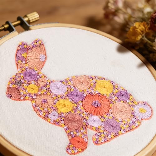 Easter Embroidery Kits for Beginners Adults, Flowers Bunny Embroidery Kits, Hand Stamped Cross Stitch Kits for Beginners Adults & Women Easter Gifts, Entire Set of Embroidery Supplies & Video Tutorial