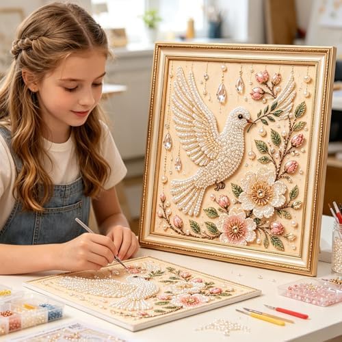 Pearl Art Kits for Adults Bird Flower DIY Beaded Embroidery Kits with Crystal Rhinestones Pearl Painting Craft Kit with Pre-Printed Canvas Handmade Home Wall Decor Gift (White Bird)