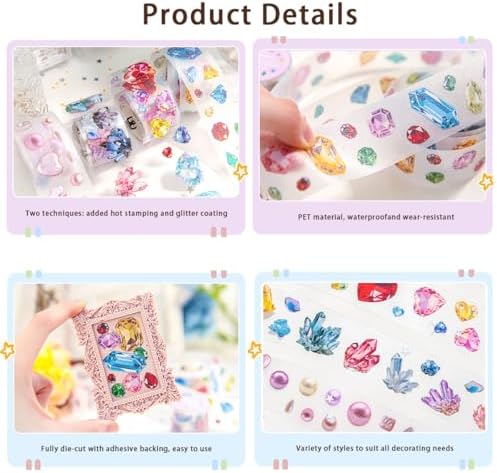 Tape Stickers for Journaling, 4 Rolls Pre Cut Brilliant Gem Series Single Scrapbook Stickers, PET Washi Tape Stickers, Decorative PET Tapes Set for Planner DIY Crafts and Gift Wrapping