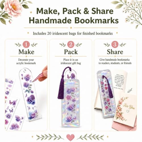 DIY Bookmark Making Kit, 20 Clear Acrylic Bookmark Blanks 5.9 x 2 in with PET Floral Bookmark Stickers, Tassels, Ribbons, Gift Bags, Bookish Gifts for Book Lovers, Book Club Crafts, Readers