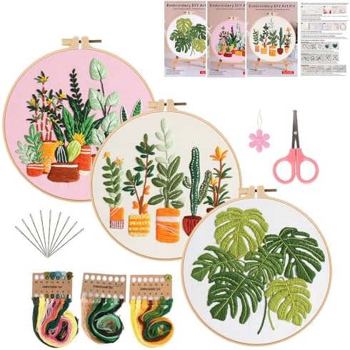 Konrisa Embroidery Kits for Adults Beginner, European Style Garden Plant Green Leaf Stamped Embroidery Starter Kit,DIY Sewing Practice, Needlepoint Cross Stitch Kit,Set of 3
