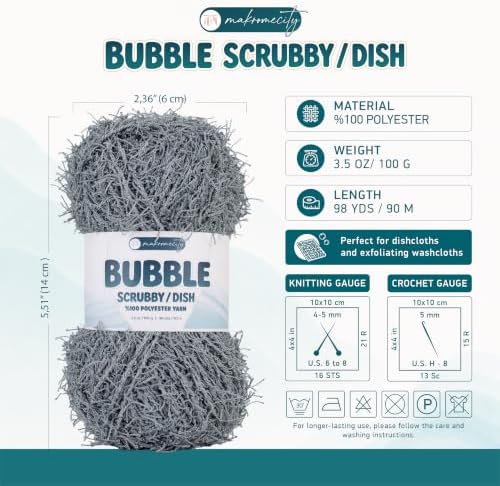 Makromecity Bubble Scrubby Yarn - 100% Premium Polyester Yarn for Crocheting and Knitting - 3.5 Oz (100g), 98 Yds (90m) - Ideal for Dishcloths, Crafting & Bath Washcloths (Grey, 1 Skein)