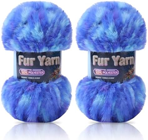 Faux Fur Yarn Soft Fluffy for Crocheting - 2 Skeins(Each 3.5oz/100g, 71yd/65m) - Chunky & Fluffy Yarn for Crochet Amigurumi, Blankets, Hand Knitting, Scarves &Crafts (2, Colorful Blue)