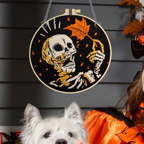 Crafmanoe Halloween Gothic Embroidery Starter Kit for Beginners Adults, Skull Skeleton Stamped Cross Stitch Kits for Beginners Adults, Funny Fall Hand Embroidery Needlepoint Kits with Video Tutorial