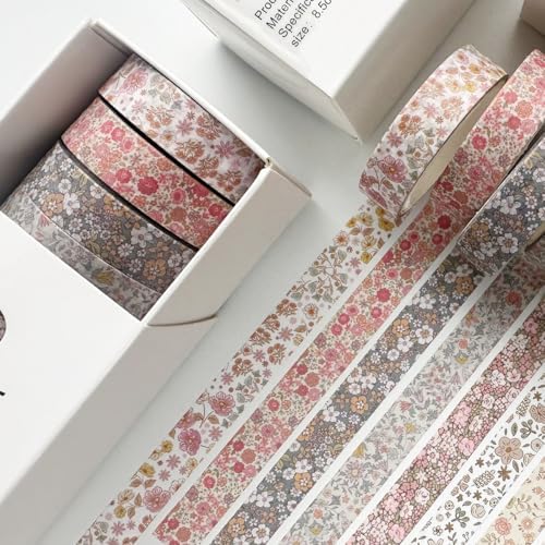 Vintage Washi Tape Set 8 Rolls Thin Retro Decorative Antique Patterns Masking Tapes for Arts, DIY Crafts, Journals, Planners, Scrapbook, Wrapping (Little Flowers)