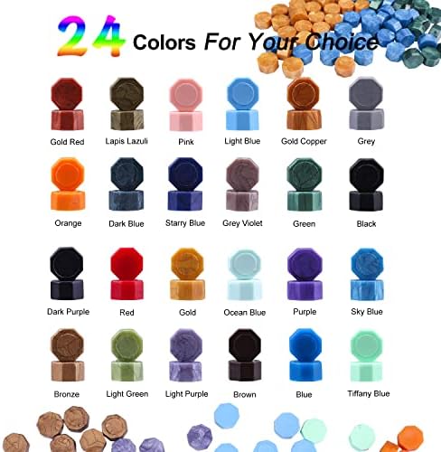 Aottom Wax Seal Stamp Kit with Gift Box, 24 Colors 650 Pcs Beads, Warmer, Envelopes, Candles, Stamp, Metallic Pen for Gift and Decoration