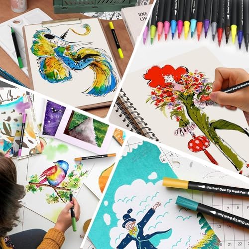 Piochoo 18 Colors Dual Tip Markers, Fine Point & Brush Tip for Adult Coloring Books, No Bleeding, Art Supplies