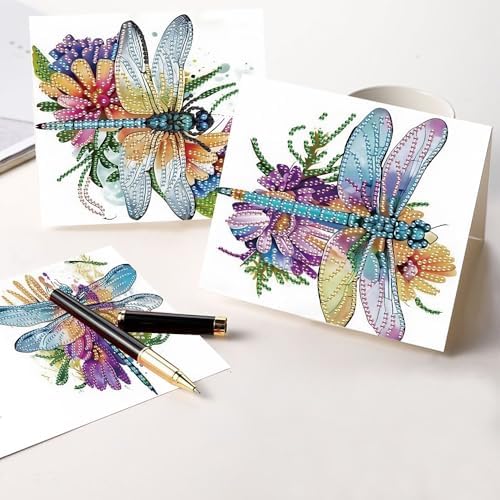 AiYuanzsh 6 Pack Diamond Art Greeting Card Kits with Envelope – Dragonfly Design Floral Crystal Rhinestone Birthday & Holiday Cards, DIY Postcards for Christmas, Thanksgiving, and Gifts