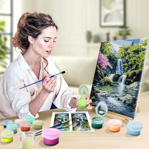 JOOZ Paint by Numbers Kit for Adults with Frame, Landscape Paint by Number with Easel, Mountain Waterfall Paint by Number Canvas, DIY Landscape Oil Painting Kit for Home Wall Decor 8x12 Inch
