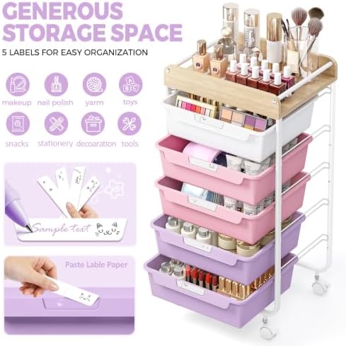 SYKIARIOL Rolling Storage Utility Cart with 5 Drawers,Purple