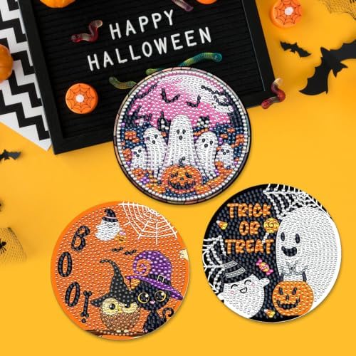 Halloween Diamond Art Coaster Kit with Holder, 8PCS Spooky Diamond Painting