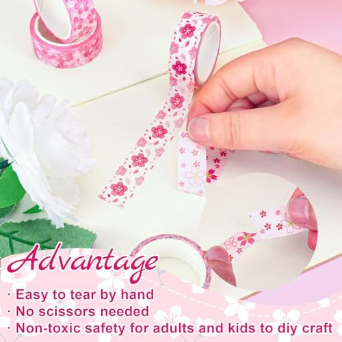 Whaline 12 Rolls Cherry Blossom Flower Washi Tape Floral Masking Tape Set Pink Sakura Decorative Wrapping Paper Tapes Boxed for Spring Scrapbook Journal DIY Crafts