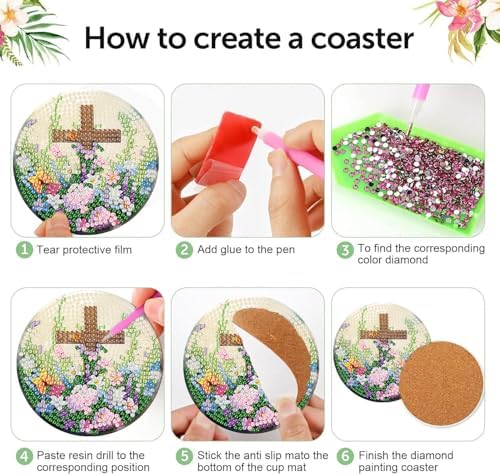8 Pcs Diamond Art Coasters Kits for Adults, Cross Diamond Coasters 4x4in