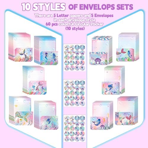 TaoBary 160 Pcs Mermaid Stationery Paper and Envelopes Set, 5.5 x 8.25''