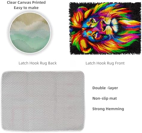Latch Hook Rug Kit Colorful Lion Face Pre-Printed Handmade Carpet Crochet Yarn Craft DIY Hook and Latch Door Mat Tapestry for Home Floor Decoration 52x38cm-7
