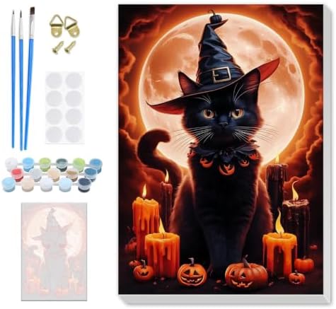 SENQAO Cat Paint by Numbers Kit for Adults Beginner, Halloween Pumpkin Adult Paint by Number Kits on Canvas, DIY Acrylic Oil Easy Painting by Numbers for Home Wall Decor 8X12 inch