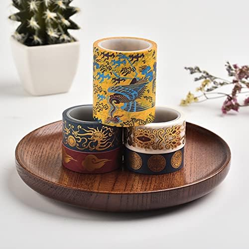 5 Rolls Washi Masking Tape 15/20/50 Mm Wide Set,Retro Style Dragon and Phoenix Decorative Craft Tapes,for DIY School Supplies,Gift Wrapping,Bullet Journals,A