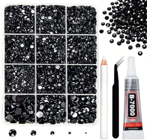 10000PCS Black Rhinestones Bedazzling Gems 2/3/4/5/6MM Mix Sizes Resin Jelly Bedazzler Kit Flatback with Complete Tools for DIY, Nail, Art Craft for Girls Gift
