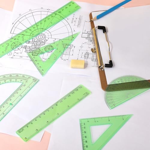 Tenare 6 Pcs Math Geometry Ruler Set, Protractor Triangle School,Green