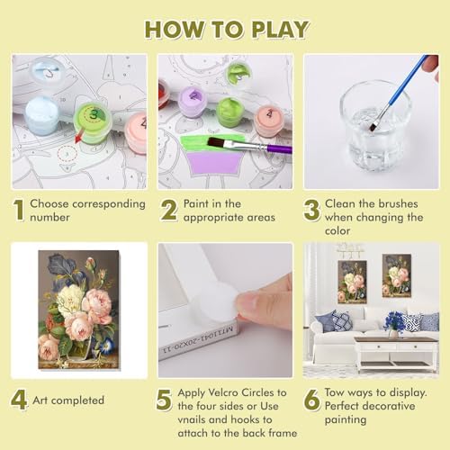 Bowetile Framed Paint by Numbers Kit for Adults Beginner, Flowers Adults' Paint-by-Number Kits on Canvas, Easy Acrylic Number Painting Kits for Home Wall Decor Gifts, 8x12in