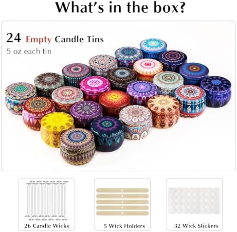 Happyhube Empty Candle Tins for Making Candles, 24 Pack 5 oz Metal Containers, Travel-Friendly Rust-Proof Tins with Lids (Yellow & More)