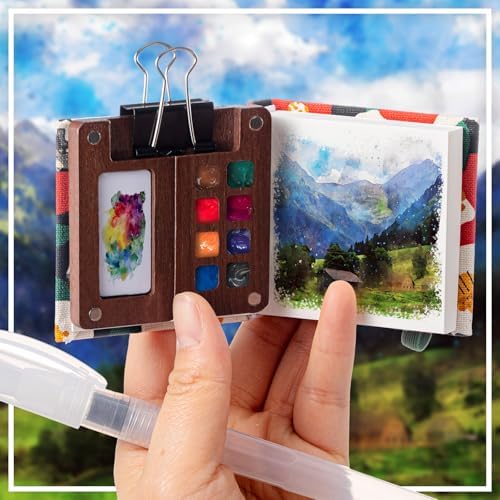 Qilery Mini Portable Watercolor Palette Set Wooden Grid Paint Box Watercolor Paper Sketch Book Brush Pens with Binder Clip for Painters Artist Not Include Paint(Cat)