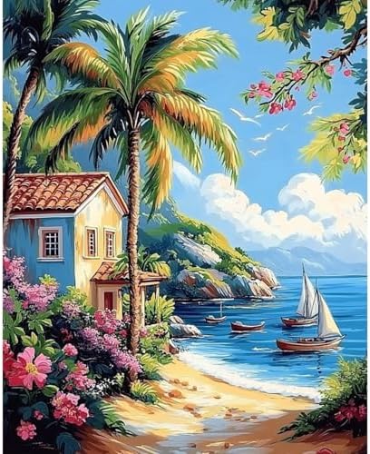 obterie Beach Paint by Numbers Kit for Adults Beginner Scenery Oil Painting Kit Adult Paint by Number Kits on Canvas DIY Painting for Beginners Art by Numbers for Gifts Home Wall Decor 16x20 Inch