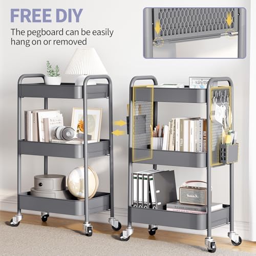 TOOLF 3 Tier Rolling Cart, Metal Utility Storage Cart with Pegboard, Grey | 2 Bins & 4 Hooks, Screwless Assembly, Lockable Wheels, Trolley Organizer for Bathroom, Kitchen, Office, Dorm, Craft Room