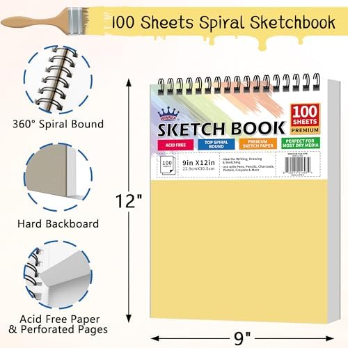 WINNER 9" x 12" Sketch Book 4 Pack, 400 Sheets Spiral Bound Art Sketchbook, 68lb/100gsm White Acid Free Drawing Pad, Sketching Doodling Drawing Writing Sketch Pad, Back to School Art Supplies, Yellow